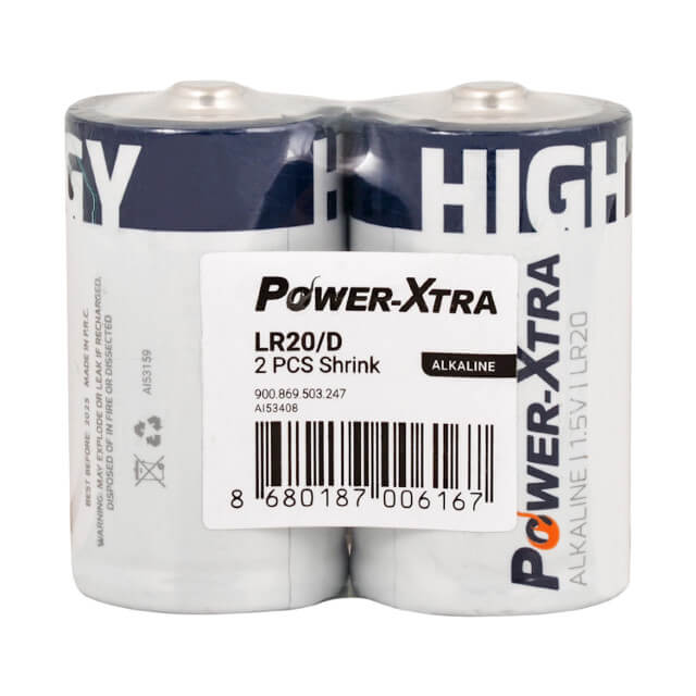 POWER-XTRA LR20/D SİZE ALKALİNE PİL 2Lİ SHRİNK - LR20 D BÜYÜK BOY PİL