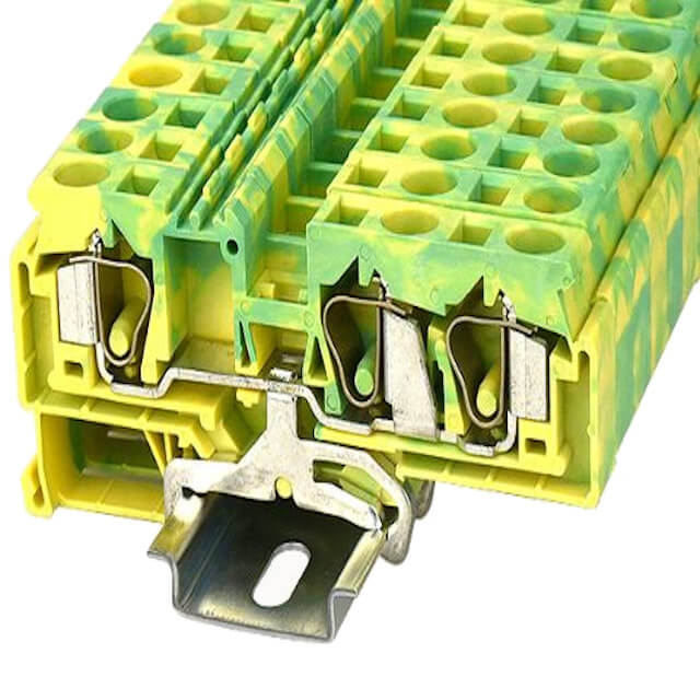 DIN RAIL T.B.10mm² SPRING-CAGE GREEN-YELLOW 1IN2OUT - WS10-TW-PE-01P-1C-00AH