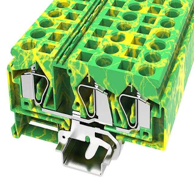 DIN RAIL T.B.12mm² SPRING-CAGE GREEN-YELLOW 1IN2OUT - WS16-TW-PE-01P-1C-00AH